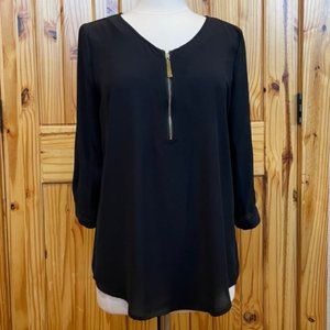 Tacera black top with gold partial zipper